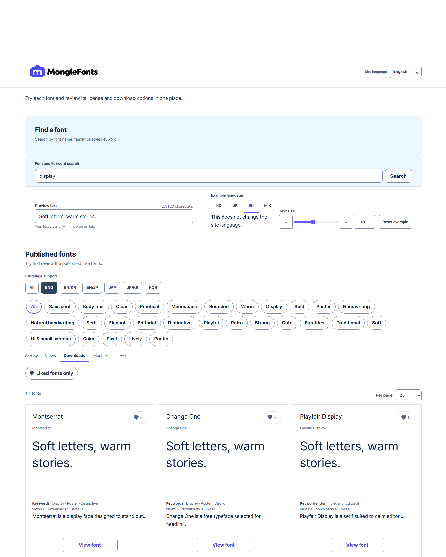 Example MongleFonts search for display