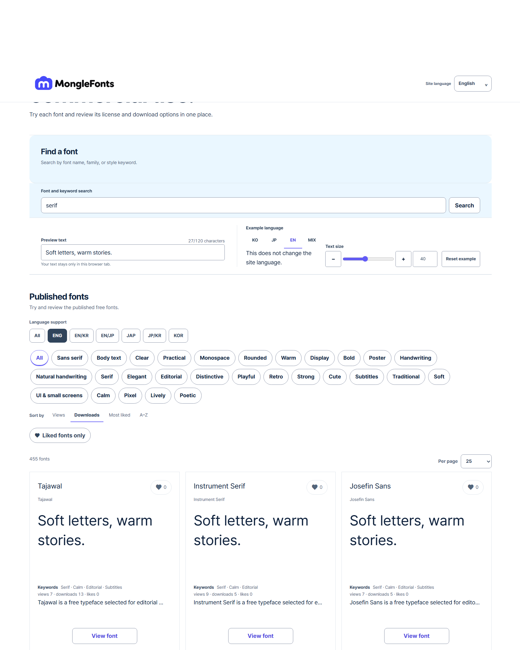 Example MongleFonts search for serif