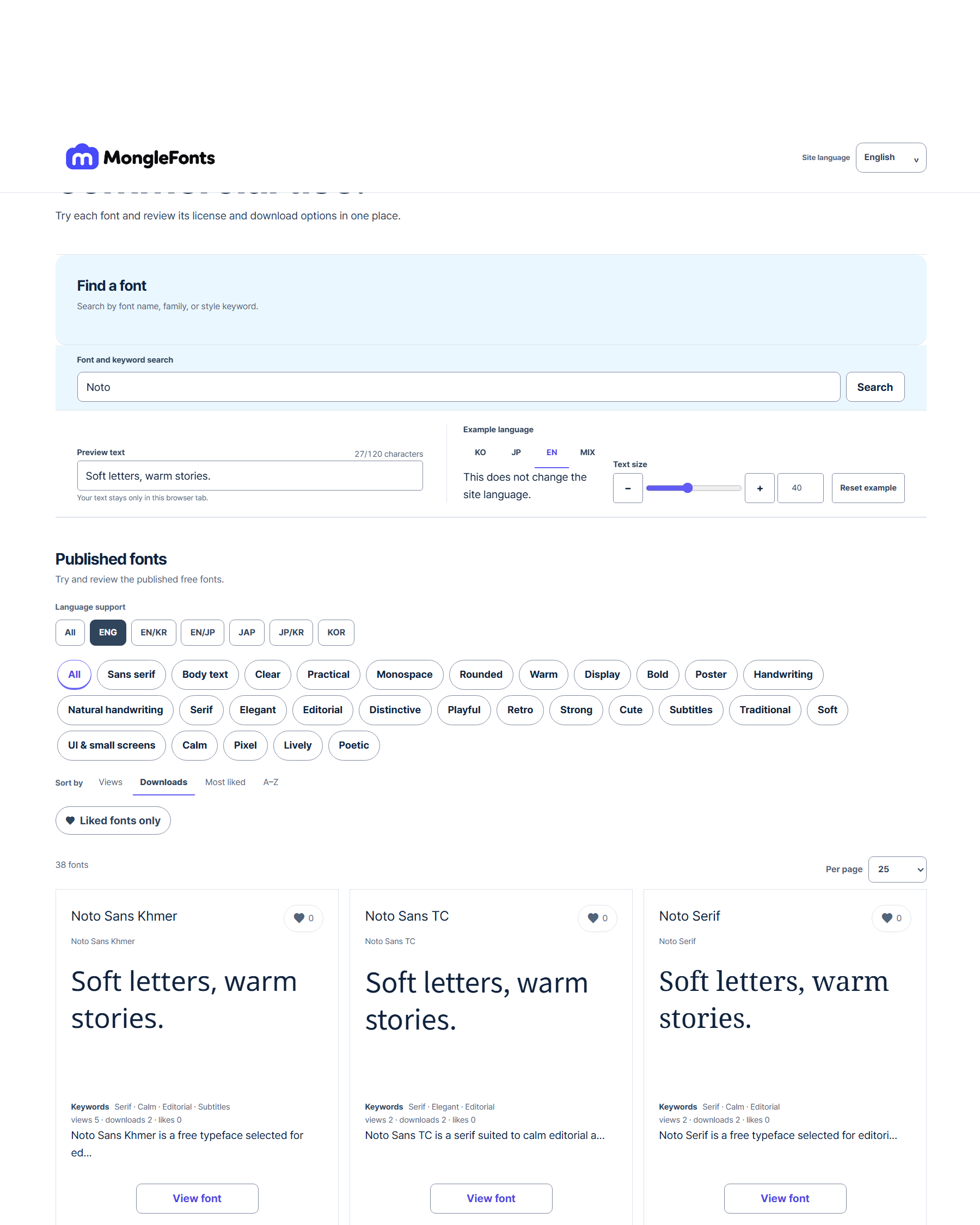 Example MongleFonts search for Noto