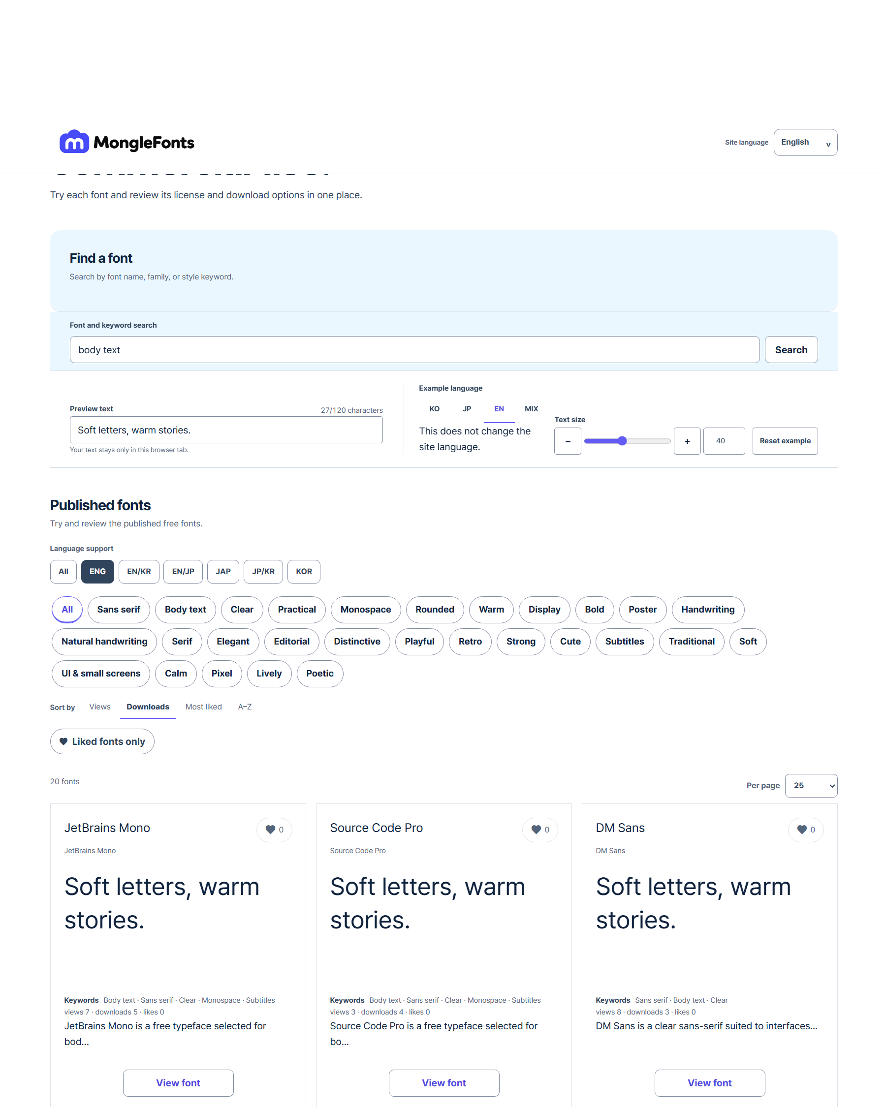 Example MongleFonts search for body text