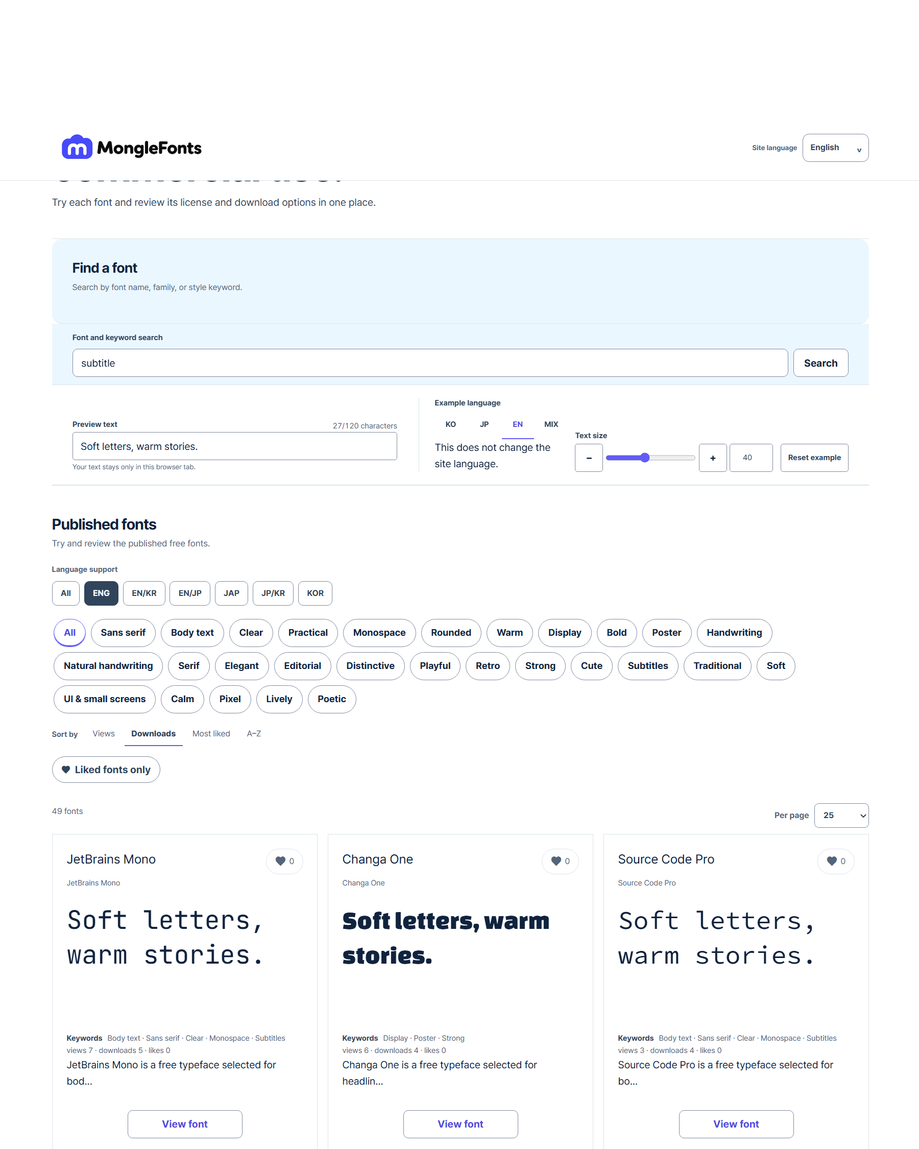 Example MongleFonts search for subtitle