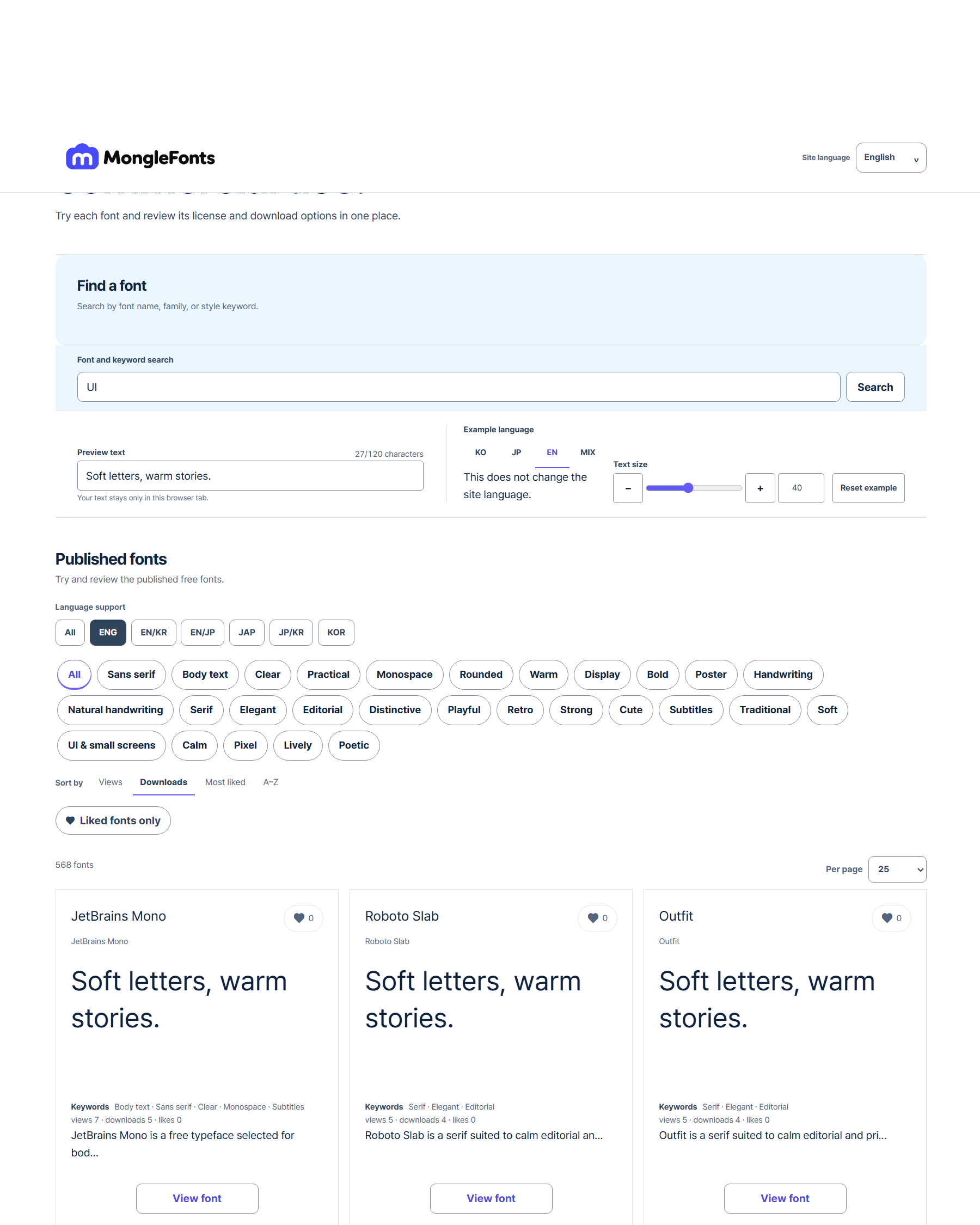 Example MongleFonts search for UI